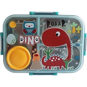 stainless steel lunch box with a dinosaur theme.